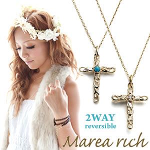 Marea rich（マレアリッチ） Hawaiian series K10 ハワイアン クロスモチーフネックレス 2WAY リバーシブル ゴールド×ダイヤモンド／ターコイズ 11KJ-01