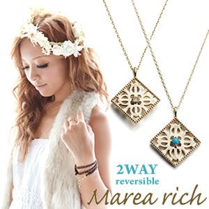 Marea rich（マレアリッチ） Hawaiian series K10 ハワイアンモチーフ スクエアネックレス 2WAY リバーシブル ゴールド×ダイヤモンド／ターコイズ 11KJ-07