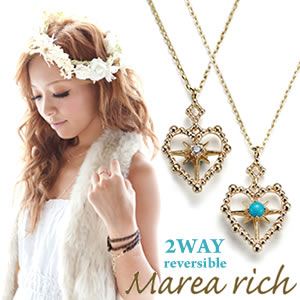 Marea rich（マレアリッチ） Hawaiian series K10 ハワイアン ハートモチーフネックレス 2WAY リバーシブル ゴールド×ダイヤモンド／ターコイズ 11KJ-12