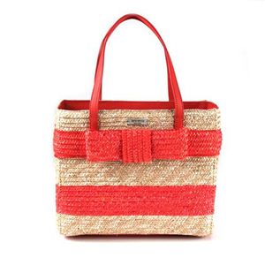 KATE SPADE（ケイトスペード） BOW BRIDGE STRAW Quinn リボンモチーフ ボーダーかごバッグ スクエア ナチュラル／レッドオレンジ PXRU3377 119 Nat／Coral