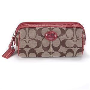 Coach（コーチ） サットン シグネチャー コスメティックポーチ キャンバス×クロコ型押しレザー カーキ／ピンクレッド 45968 SKHCM