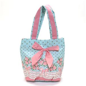 ジェシースティール リボン付 ランチトート ミニバッグ Bows＆Roses リボン＆ローズ柄 ライトブルー×ピンク 811-JS-215