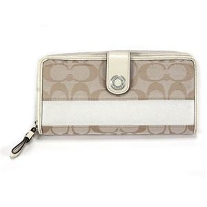Coach（コーチ） シグネチャー ストライプ ラウンドファスナー長財布 ライトカーキ／ホワイト F47718 SIGWT