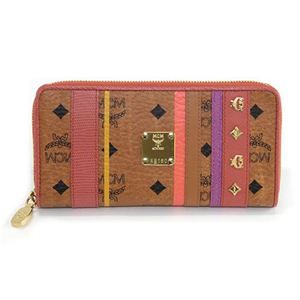 MCM（エムシーエム） スタッズ付 MCMロゴ×ストライプ ラウンドファスナー長財布 コニャック／コーラル MYL 2AVC01 CO COGNAC
