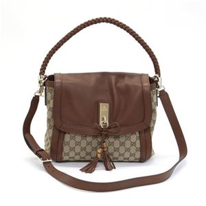 Gucci（グッチ） BELLA ベラ オリジナルGGキャンバス バンブーディテール ウーブンレザーリボン＆タッセルチャーム ショルダーバッグ ミディアム ベージュ／エボニー 282301 FWCGG 8526