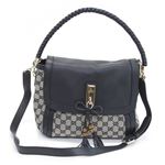 Gucci（グッチ） BELLA ベラ オリジナルGGキャンバス バンブーディテール ウーブンレザーリボン＆タッセルチャーム ショルダーバッグ ミディアム ベージュ／ネイビー 282301 FWCGG 4075