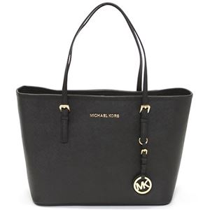 Michael Kors（マイケルコース） Jet Set Travel Small Tote ジェットセット MKチャーム付 格子状型押しレザー トートバッグ ブラック 30H1GTVT1L Black