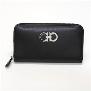 Ferragamo（サルバトーレフェラガモ） ダブルガンチーニ 型押しカーフ ラウンドファスナー長財布 ≪2013AW≫ 22 B300 NERO 474144