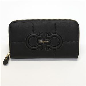 Ferragamo（サルバトーレフェラガモ） 型押しダブルガンチーニ ソフトカーフ ラウンドファスナー長財布 22 B724 NERO 532378