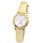 KATE SPADE（ケイトスペード） metro mini（メトロミニ） シェルダイヤルにショッキングピンクのスペードインデックス。ゴールドカラー・レザーのグラマラスなレディス・ウオッチ。 1YRU0270