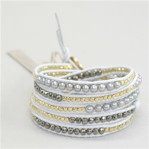 CHAN LUU（チャンルー） 5ラップブレスレット BG-2406 PEARL MIX 【NEWカラー 2014 SS】グレーパール、ゴールドナゲット、パイライトをホワイトレザーで編みこんだ5連ブレス