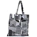 marimekko（マリメッコ） SILVER MEDAL BAG Onnea Etsimassa 町並みモチーフ ファブリック トートバッグ エコバッグ 62420 910 A black／white