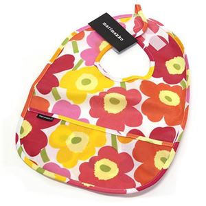 marimekko（マリメッコ） MINI-UNIKOT BIB 66790 201 white／yellow／orange ウニッコ柄 オイルクロス ベビー用スタイ ポケット付 よだれかけ