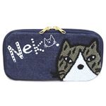 anello(アネロ) CAT・DOT ねこどっとシリーズ  ZP-D0432-NV 魚の骨チャーム付♪もこもこサガラ刺繍＆ロゴプリント ペンケース マルチポーチ