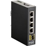 D-Link DIS-100G-5SW産業用ギガビットアンマネージドスイッチ、10／100／1000BASE-Tポート×4、SFPスロット×1、DC電源、IP30メタル筐体、-40℃〜75℃対応