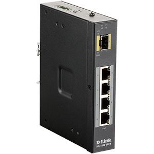 D-Link DIS-100G-5PSW産業用ギガビットアンマネージドスイッチ、PoE+（最大120W給電）、10／100／1000BASE-Tポート×4、SFPスロット×1、DC電源、IP30メタル筐体、-40℃〜75℃対応
