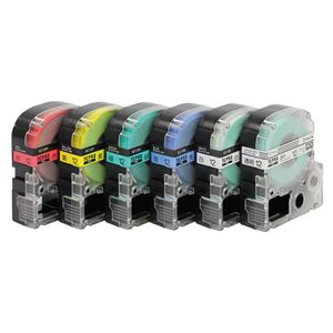 キングジム テプラ PRO テープカートリッジ ベーシックパック 12mm 赤・黄・緑・青・白・透明/黒文字 SC126T 1パック(6個:各色1個) - 拡大画像