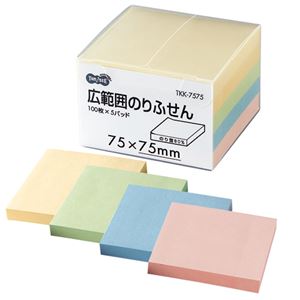 （まとめ） TANOSEE 広範囲のりふせん 75×75mm 4色 1パック（5冊） 【×5セット】 - 拡大画像