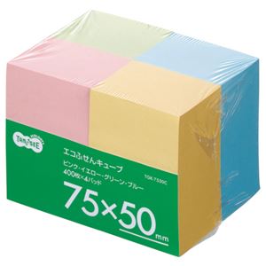 （まとめ） TANOSEE エコふせん キューブ 75×50mm 4色 1パック（4冊） 【×5セット】 - 拡大画像