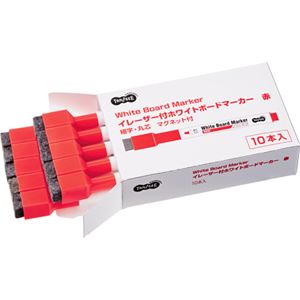 （まとめ） TANOSEEイレーザー付ホワイトボードマーカー 細字・丸芯 赤 1セット（10本） 【×5セット】