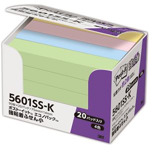 （まとめ） 3M ポスト・イット 強粘着エコノパック ふせん 小 75×14mm パステルカラー 4色混色 5601SS-K 1パック（20冊） 【×5セット】