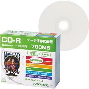 （まとめ）ハイディスク データ用CD-R700MB 52倍速 ホワイトワイドプリンタブル 5mmスリムケース HDCR80GP10SC1パック(10枚) 【×10セット】