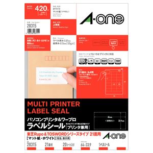 （まとめ）エーワンパソコンプリンタ&ワープロラベルシール[兼用] マット紙・ホワイト A4判 東芝タイプ 21面 64×33.9mm 四面余白付28315 1冊(20シート) 【×5セット】