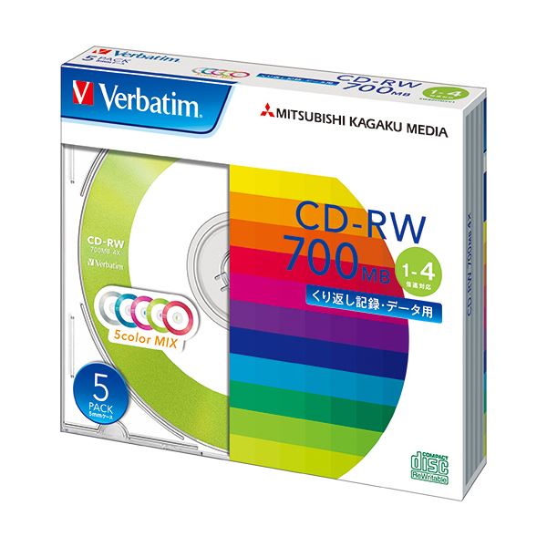（まとめ）バーベイタム データ用CD-RW700MB 4倍速 5色カラーMIX 5mmスリムケース SW80QM5V1 1パック(5枚) (×5セット) b04