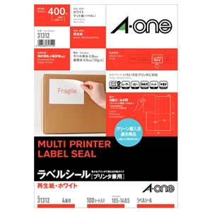 （まとめ）エーワン ラベルシール[プリンタ兼用]再生紙・ホワイト A4 4面 105×148.5mm 31312 1冊(100シート) 【×2セット】