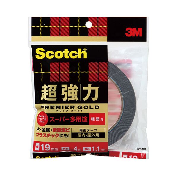 (まとめ）3M スコッチ 超強力両面テーププレミアゴールド （スーパー多用途） 粗面用 19mm×4m SPR-19R 1巻(×10セット) b04