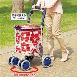 花柄ショッピングカート(ワイヤーカート) アルミ製 軽量 積載荷重最大約20kg ブレーキ/持ち手付バッグ付き 日本製 レッド(赤) 商品画像