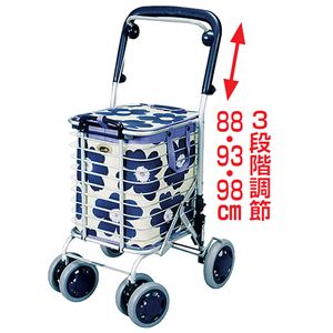 花柄ショッピングカート(ワイヤーカート) アルミ製 軽量 積載荷重最大約20kg ブレーキ/持ち手付バッグ付き 日本製 ブルー(青) 商品写真1