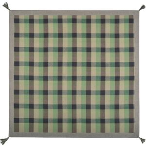 チェック柄 ラグマット/絨毯 【約130cm×185cm グリーン】 長方形 ウール インド綿混 タッセル付き ホットカーペット 床暖房対応