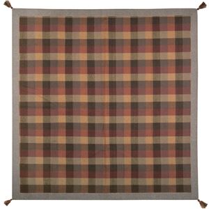 チェック柄 ラグマット/絨毯 【約185cm×185cm オレンジ】 正方形 ウール インド綿混 タッセル付き ホットカーペット 床暖房対応