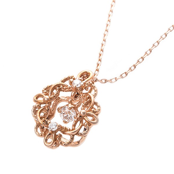 【鑑別書付】ダイヤモンドペンダント/ネックレス 0.05ct K10 ピンクゴールド アラベスク フラワーモチーフ 鑑別書付きf00