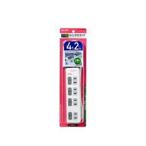 （業務用セット） ELPA スイッチ付タップ LEDランプ 上挿し 4個口 2m WLS-LU42EB（W） 【×5セット】 - 拡大画像