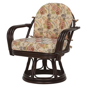 回転座椅子/籐椅子 【座面高36cm】 肘付き 花柄 ダークブラウン  商品画像