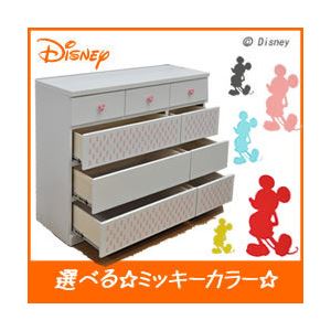 ディズニー家具 4段 ローチェスト 幅120cm 「シンプルミッキー」 カラー：レッド （取っ手：ミッキーホワイト×全3個）木製 【完成品】【日本製】