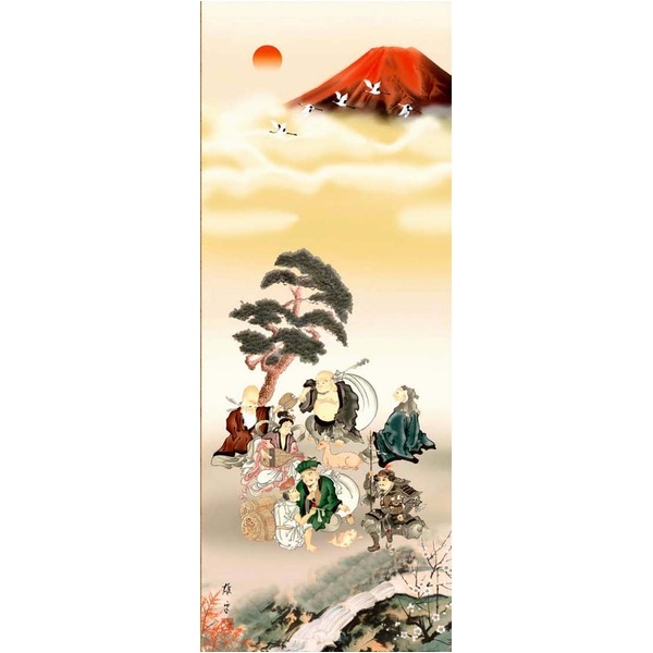 赤富士・丹頂鶴・七福神 ■鵜飼雄平 開運掛軸(尺三) 「七福神万笑之図」紙箱