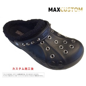 秋冬用 クロックス パンク カスタム 黒 ブラック ファー/ボア付 crocs customバヤ サンダル25cm(m7/w9)