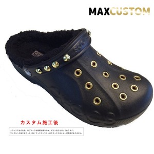 秋冬用 クロックス パンク カスタム 黒 純金メッキ加工 ブラック ファー/ボア付 crocs customバヤ サンダル22cm(m4/w6)