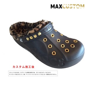 秋冬用 クロックス パンク カスタム レオパード ヒョウ柄 ファー/ボア付 crocs customバヤ オニキスゴールド27cm(m9/w11)