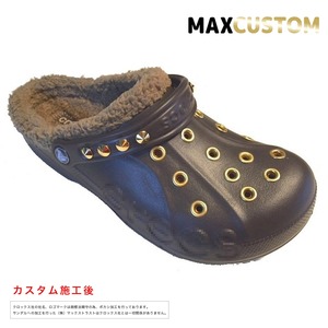 秋冬用 クロックス パンク カスタム 茶 純金メッキ加工 エスプレッソ ファー/ボア付 crocs customバヤ サンダル27cm(m9/w11)