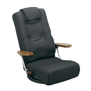 腰をいたわる座椅子 13段リクライニング/ハイバック/360度回転 肘掛け(ポンプ式アーム) 日本製 ブラック(黒) 【完成品】 - 拡大画像