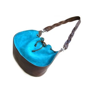 ★dean（ディーン） round shoulder bag w／drawstring レザーバッグ ターコイズ ハンドル／茶