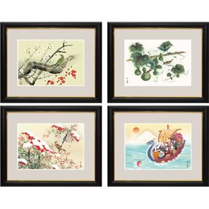 和の雅び・伝統の趣「額絵」シリーズ4「吉祥画」 G4-BY001「紅白梅に鶯」 大サイズ - 拡大画像