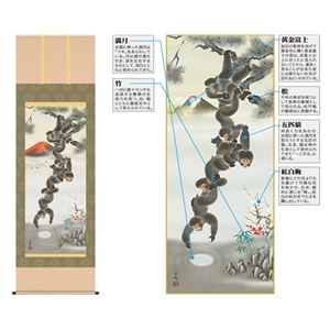 掛軸「月五猿赤富士図」久我直哉 筆 桐箱入り - 拡大画像