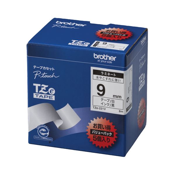 (まとめ）ブラザー BROTHER ピータッチ TZeテープ ラミネートテープ 9mm 白/黒文字 業務用パック TZE-221V 1パック(5個)(×3セット) b04