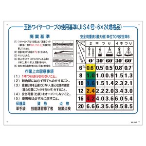 玉掛ワイヤーロープ標識 玉掛ワイヤーロープの使用基準(JIS4号・6×24規格品) KY-100 - 拡大画像
