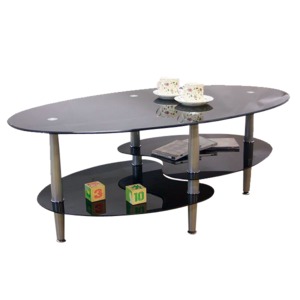 強化ガラステーブル(ローテーブル) 高さ43cm スチール脚 棚収納/アジャスター付き ブラック(黒) 商品画像